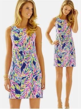Lilly Pulitzer Multicolor Navy Pink Green Vibrant Shift Mini Dress, Size 14